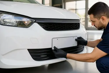 Atividade de emplacamento de veículo em Guarapuava, com foco em placas e equipamentos.